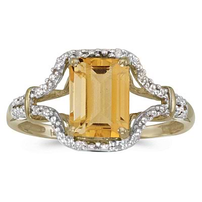 Emerald-Cut Citrine & Diamond Cocktail Ring 14k Yellow Gold