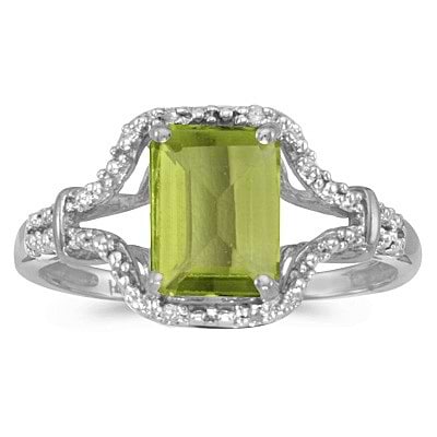 Emerald-Cut Peridot & Diamond Cocktail Ring 14k White Gold