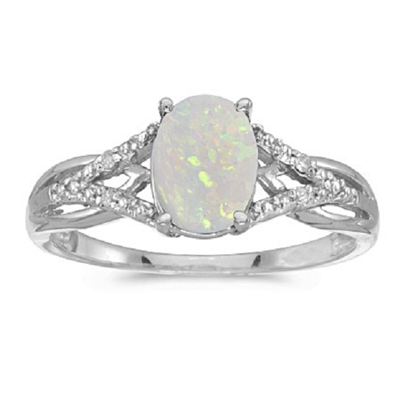 Oval Opal and Diamond Cocktail Ring 14K White Gold (0.70ct)