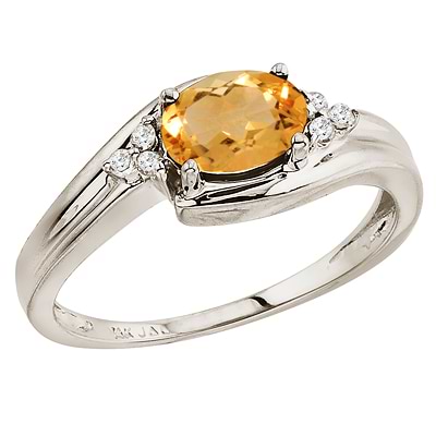 Oval Citrine and Diamond Cocktail Ring 14k White Gold (7x5mm)