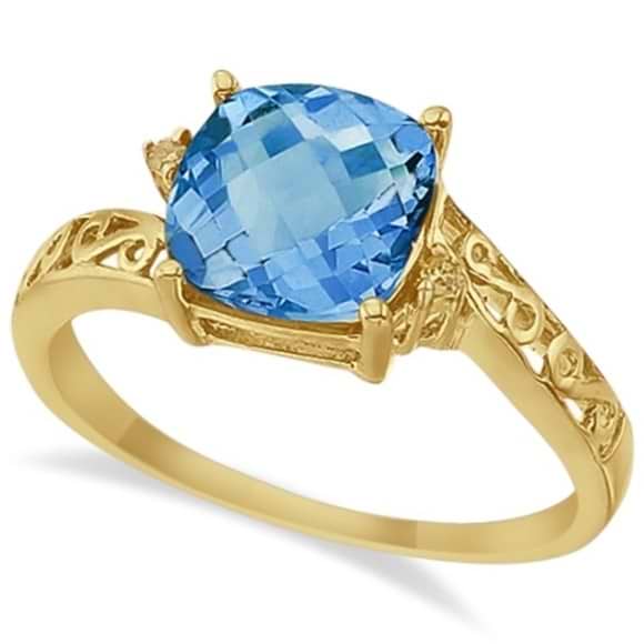 Blue Topaz & Diamond Filigree Vintage Ring 14k Yellow Gold (3.02ct)