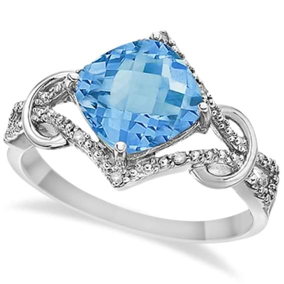 Cushion Blue Topaz & Diamond Right-Hand Ring 14k White Gold (4.05ct)