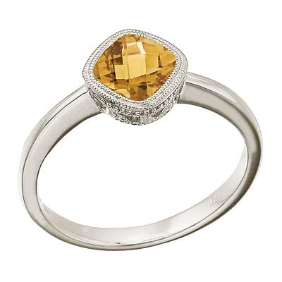 Cushion-Cut Citrine Right Hand Ring in 14K White Gold (6mm)