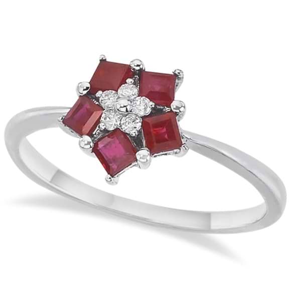 Princess-Cut Ruby & Diamond Flower Ring 14k White Gold (0.45ct)