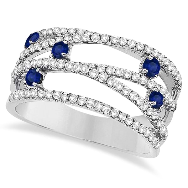 Blue Sapphire & Diamond Bypass Wide Ring 14k White Gold (0.90ctw)