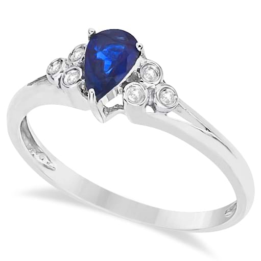 Pear Cut Blue Sapphire & Diamond Ring 14K White Gold (0.65ct)