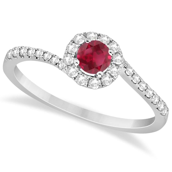 Halo Ruby & Diamond Engagement Ring Swirl 14K White Gold (0.65ct)