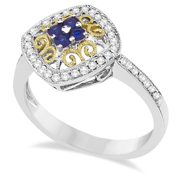 Antique Filigree Blue Sapphire & Diamond Ring 14K Two Tone Gold (0.40ct)
