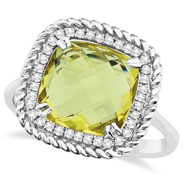 Lemon Quartz & Diamond Accented Cocktail Ring 14k White Gold (3.54ct)