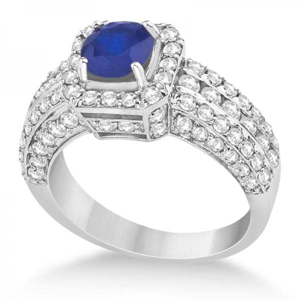 Sapphire & Diamond Square Halo Engagement Ring 14K White Gold (2.25ct)