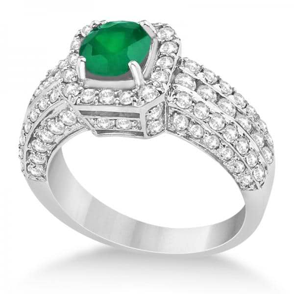Emerald & Diamond Square Halo Engagement Ring 14K White Gold (2.06ct)