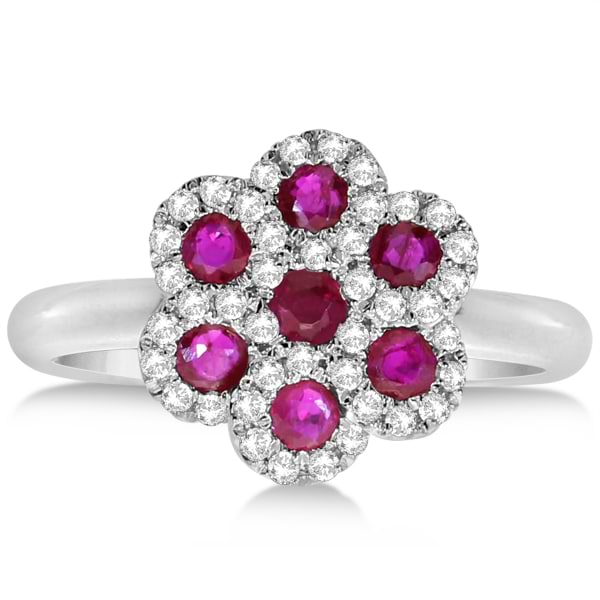 Ruby & Diamond Flower Cluster Fashion Ring in 14k White Gold 0.35ct