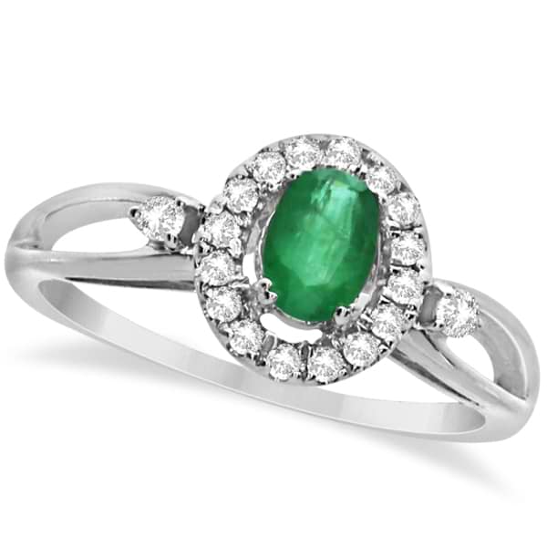 Oval Emerald & Diamond Halo Engagement Ring 14k White Gold 0.63ct