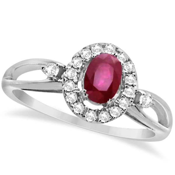 Oval Red Ruby & Diamond Halo Engagement Ring 14k White Gold 0.63ct