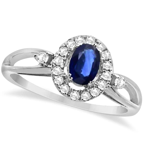 Oval Sapphire & Diamond Halo Engagement Ring 14k White Gold 0.63ct