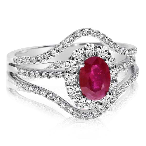 Oval Ruby & Round Diamond Accented Fashion Ring 14k White Gold 1.62ct