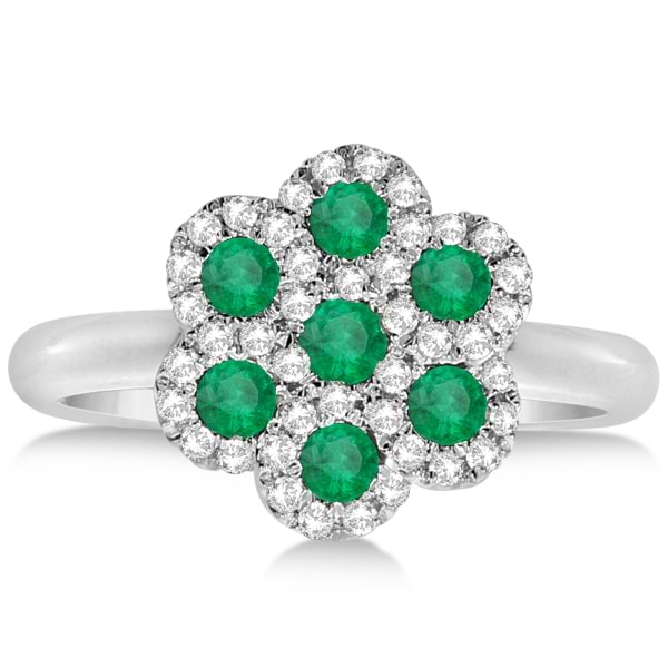 Emerald & Diamond Flower Cluster Fashion Ring 14k W. Gold 0.35ct