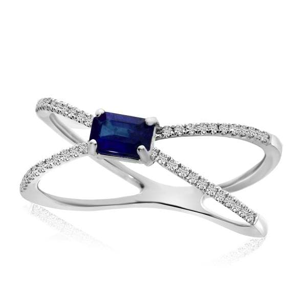 Diamond & Emerald-cut Blue Sapphire X Shaped Ring 14k White Gold 0.53ct