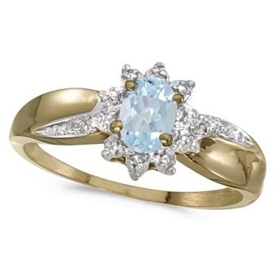 Aquamarine & Diamond Right Hand Flower Shaped Ring 14k Yellow Gold