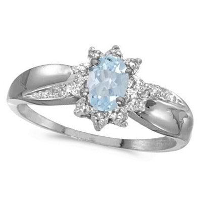 Aquamarine & Diamond Right Hand Flower Shaped Ring 14k White Gold