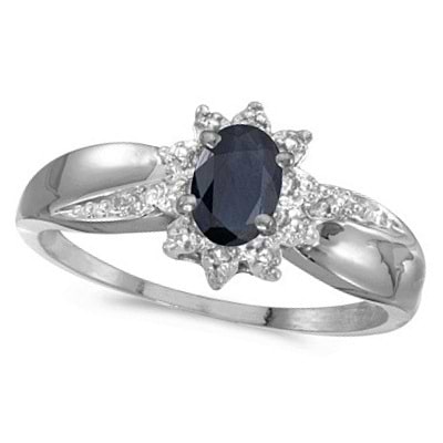 Blue Sapphire & Diamond Right Hand Flower Ring 14k White Gold (0.55ct)