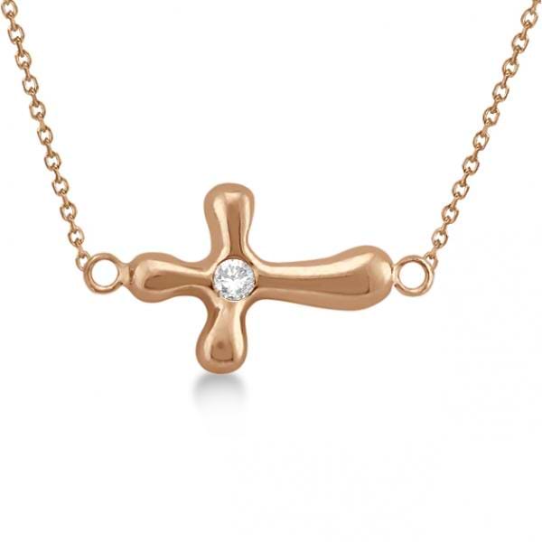 Rounded Sideways Diamond Cross Pendant Necklace 14k Rose Gold .05ct