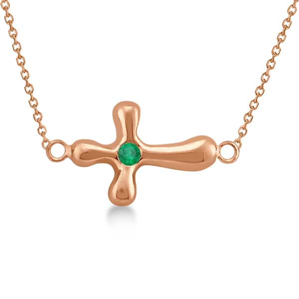 Rounded Sideways Emerald Cross Pendant Necklace 14k Rose Gold .06ct