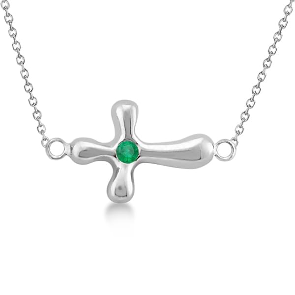 Rounded Sideways Emerald Cross Pendant Necklace 14k White Gold .06ct