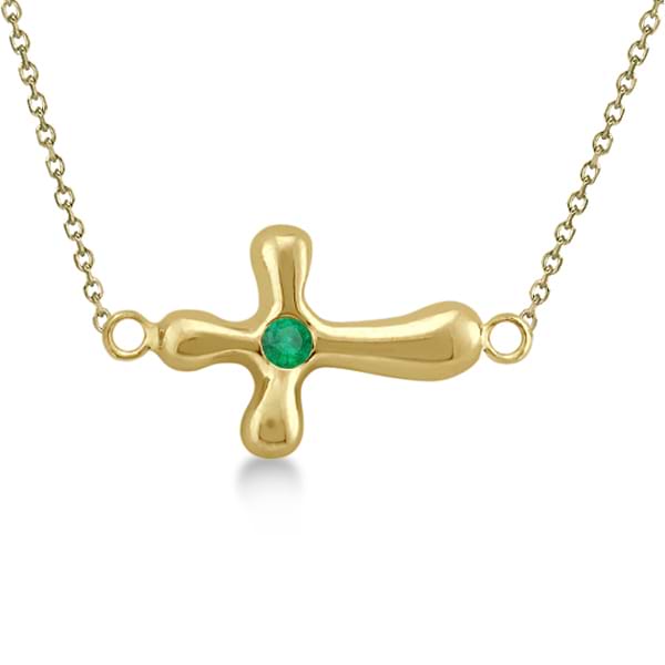 Rounded Sideways Emerald Cross Pendant Necklace 14k Yellow Gold .06ct