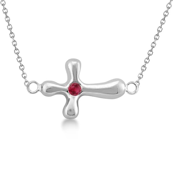 Rounded Sideways Ruby Cross Pendant Necklace 14k White Gold .07ct
