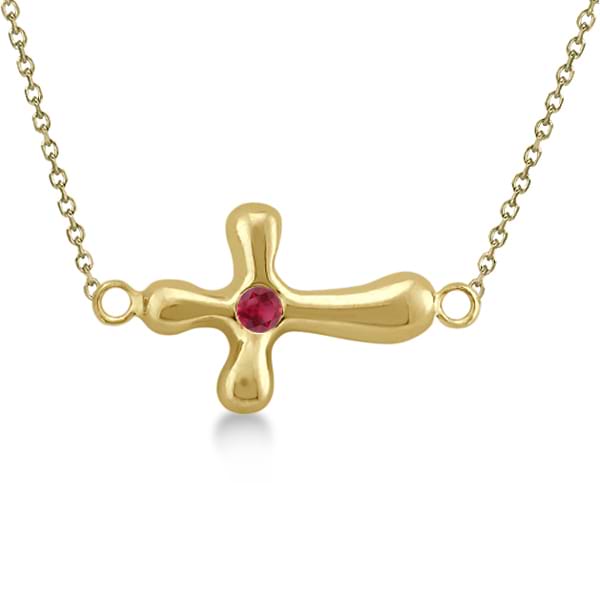 Rounded Sideways Ruby Cross Pendant Necklace 14k Yellow Gold .07ct