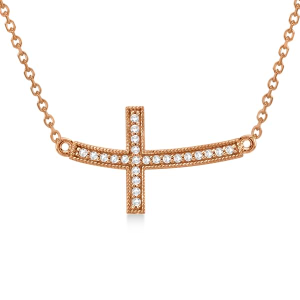Curved Diamond Sideways Cross Pendant Necklace 14k Rose Gold 0.25ct