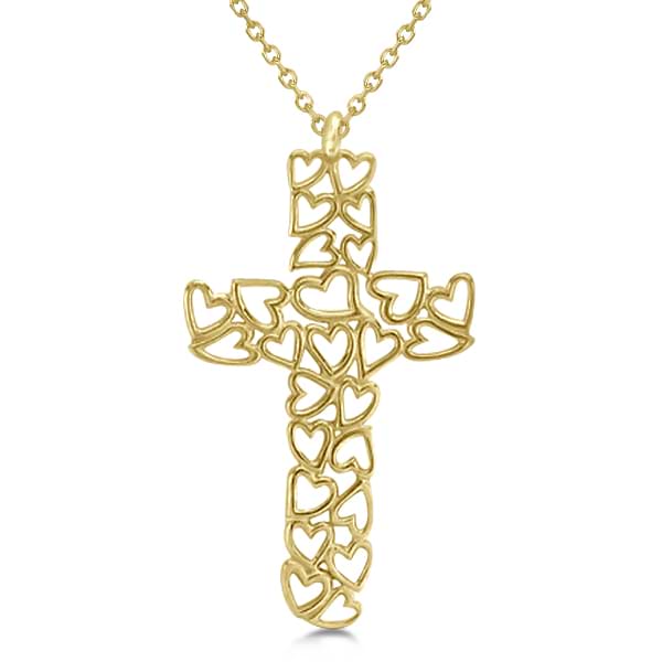 Carved Open Heart Shaped Cross Pendant Necklace 14k Yellow Gold