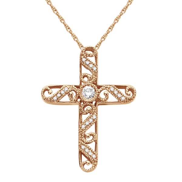 Filigree Diamond Cross Necklace Vintage Style 14k Rose Gold (0.18ct)