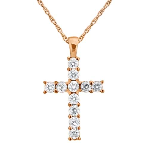Prong-Set Diamond Cross Pendant Necklace 14k Rose Gold (0.55ct)