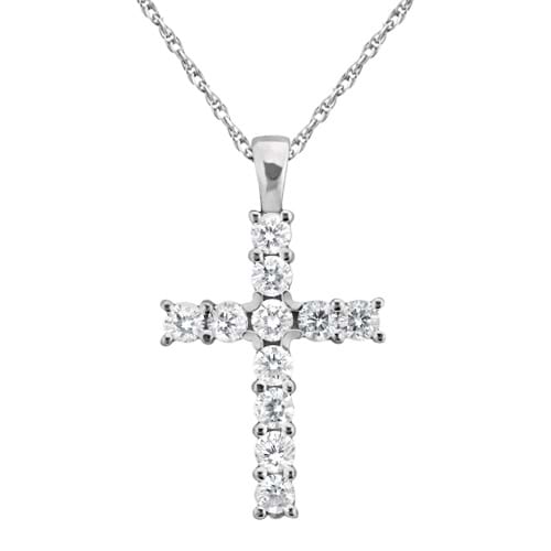 Prong-Set Diamond Cross Pendant Necklace 14k White Gold (0.55ct)