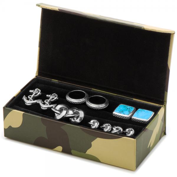 Travel Cufflink Jewelry Case Camouflage Leather Box Fits Six Pairs