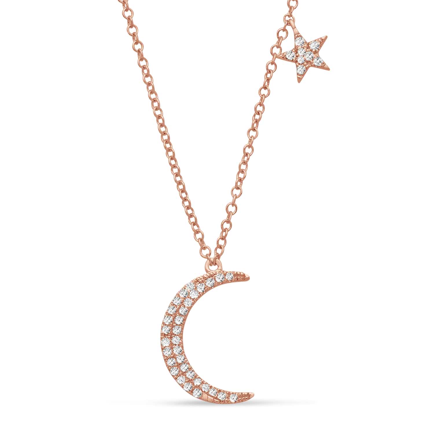 Diamond Moon and Single Star Pendant Necklace 14k Rose Gold (0.10ct)