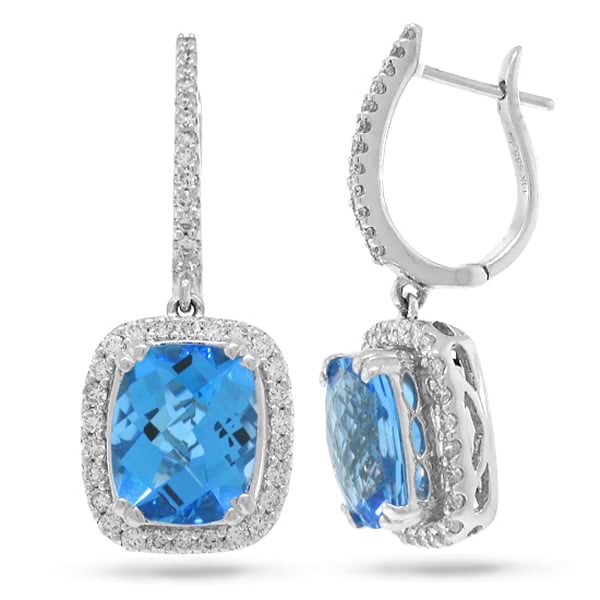 0.85ct Diamond & 6.40ct Blue Topaz 14k White Gold Earrings