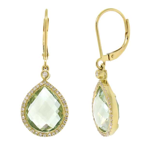 0.25ct Diamond & 9.37ct Green Amethyst 14k Yellow Gold Earrings
