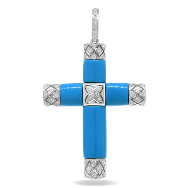 0.19ct 14k White Gold Diamond & Composite Turquoise Cross Pendant Necklace