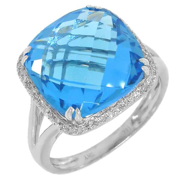 0.12ct Diamond & 11.37ct Blue Topaz 14k White Gold Ring