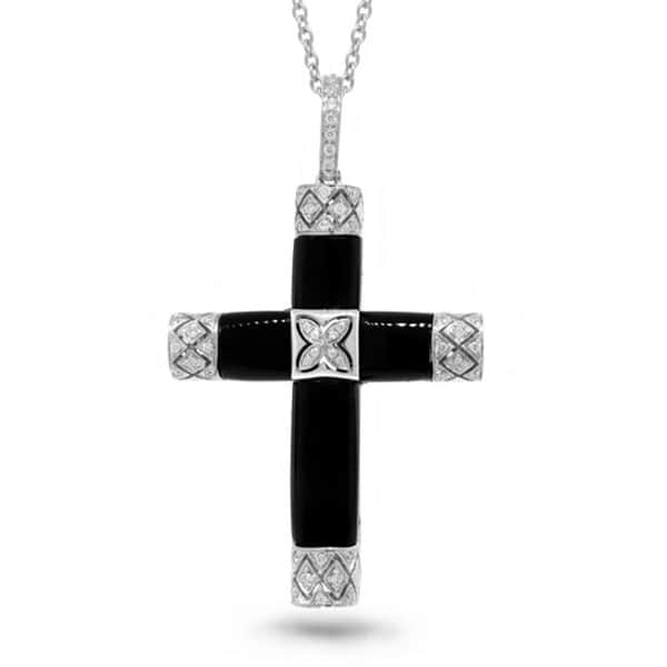 0.19ct 14k White Gold Diamond & Onyx Cross Pendant Necklace