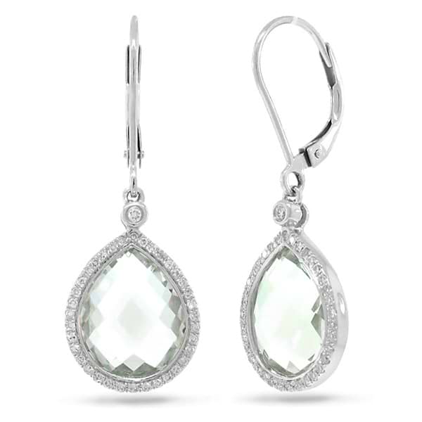 0.25ct Diamond & 9.37ct Green Amethyst 14k White Gold Earrings