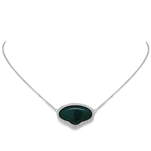 0.34ct Diamond & 11.75ct Green Agate 14k White Gold Necklace