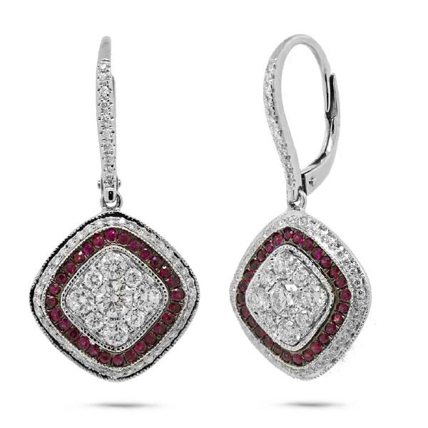 1.07ct Diamond & 0.34ct Ruby 14k White Gold Earrings