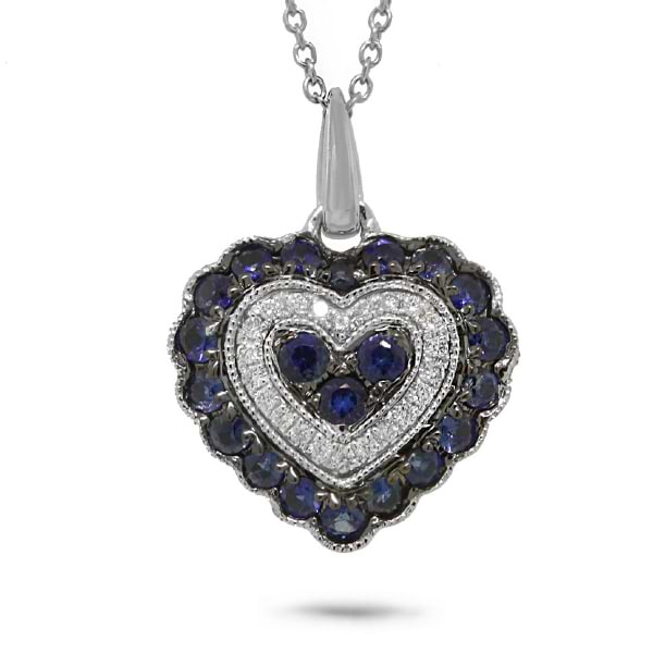0.07ct Diamond & 0.60ct Blue Sapphire 14k White Gold Heart Pendant Necklace