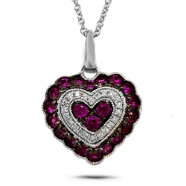 0.07ct Diamond & 0.59ct Ruby 14k White Gold Heart Pendant Necklace