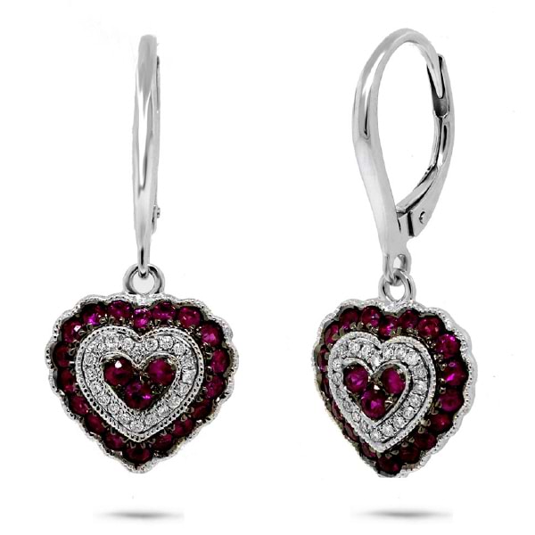 0.13ct Diamond & 0.93ct Ruby 14k White Gold Heart Earrings