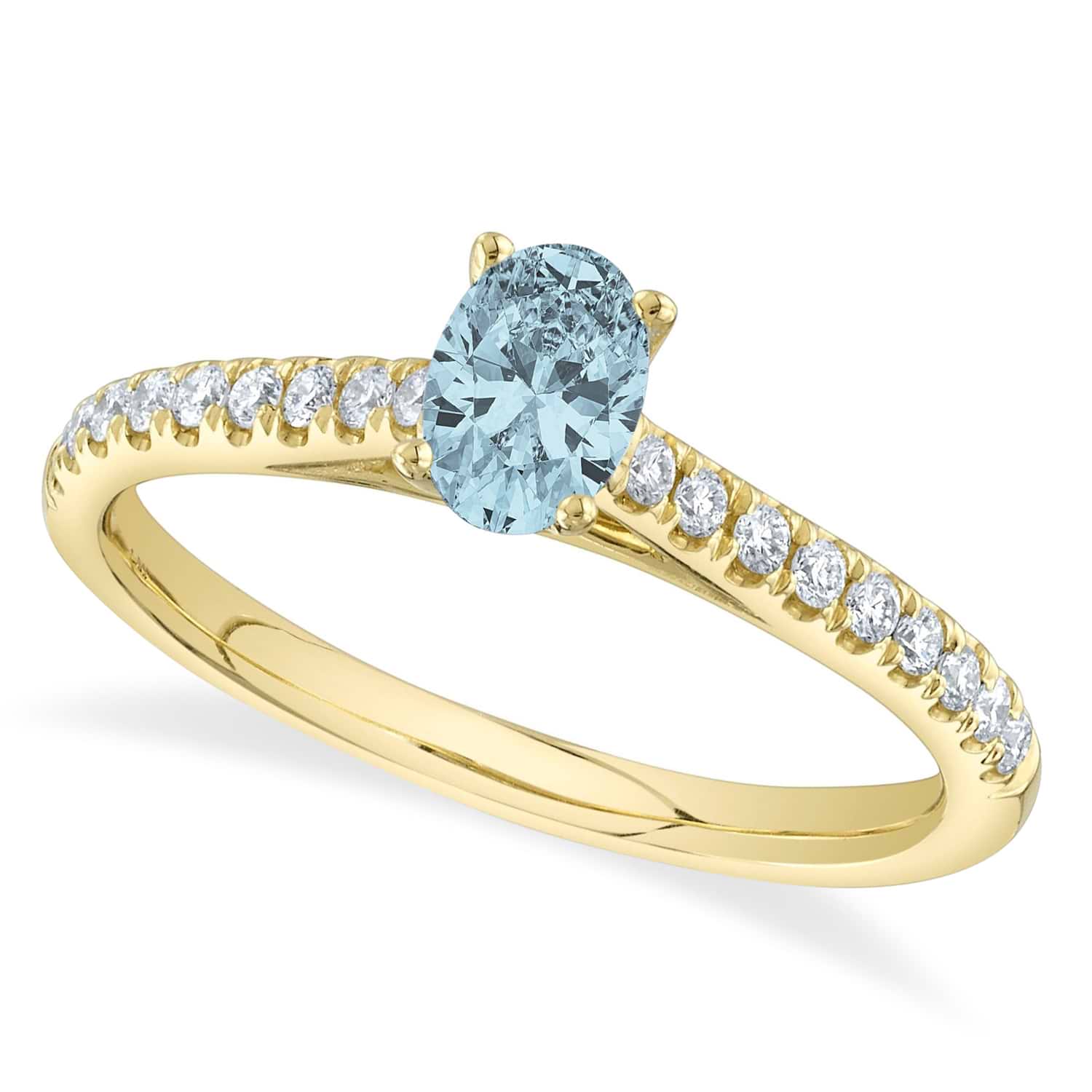 Oval Aquamarine Solitaire & Diamond Engagement Ring 14K Yellow Gold (0.51ct)